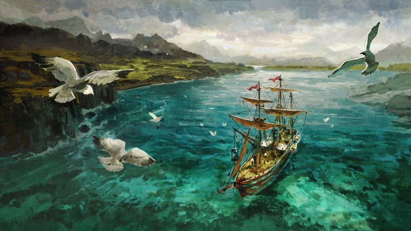 Sailing Ship in Bay — Blue, Dramatic