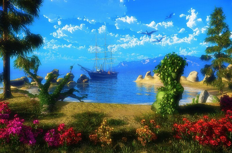 Sailing Ship in Bay — Blue, Serene, Afternoon
