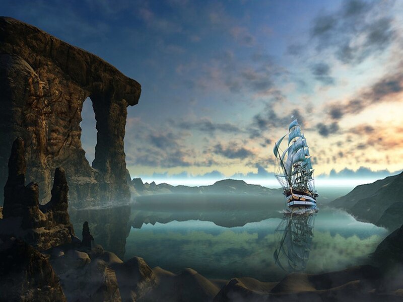 Sailing Ship in Bay — Blue, Serene, Sunset