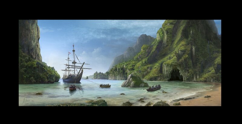 Sailing Ship in Bay — Blue, Serene