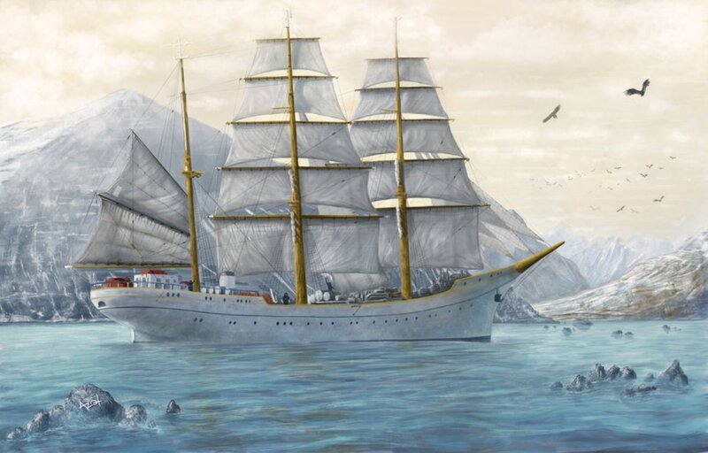 Sailing Ship in Bay — Blue
