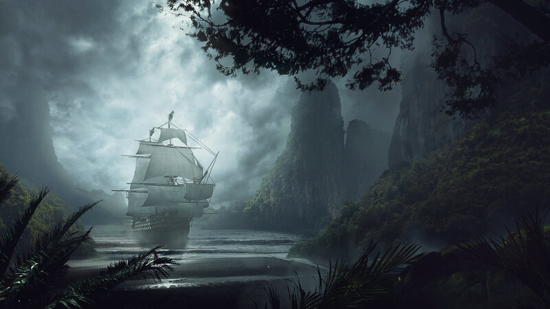 Sailing Ship in Bay — Gray