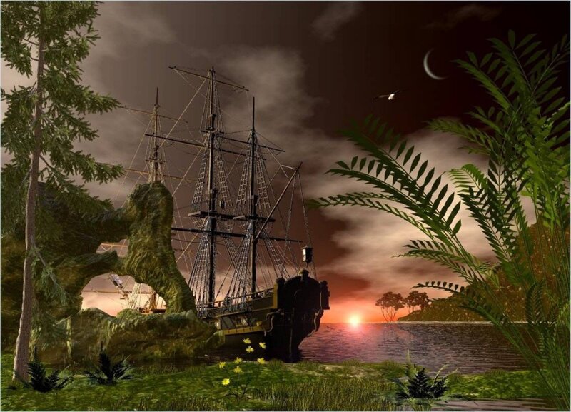 Sailing Ship in Bay — Green, Dramatic