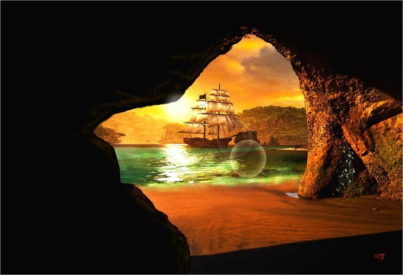 Sailing Ship in Bay — Orange