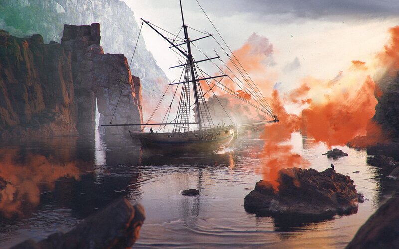 Sailing Ship in Canyon — Orange