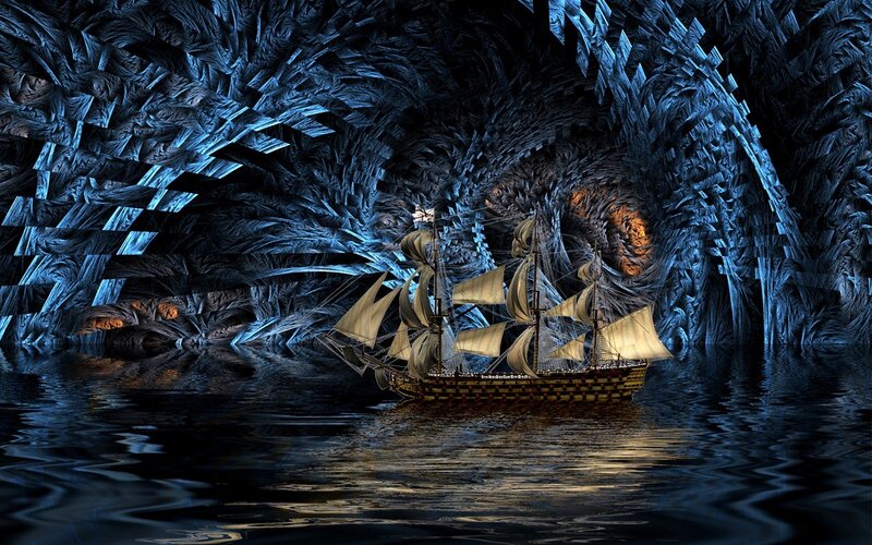 Sailing Ship in Cave — Blue