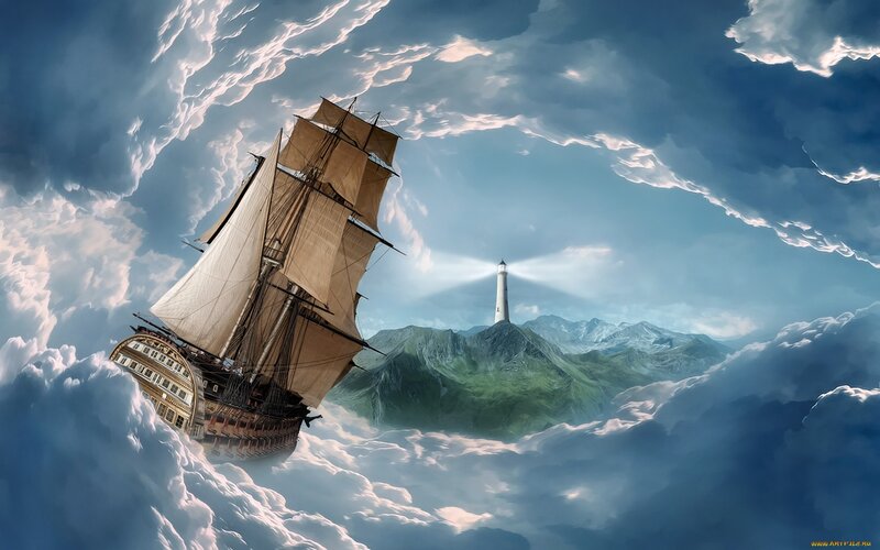 Sailing Ship in Clouds — Blue, Dramatic, Digital Art, Lighthouse