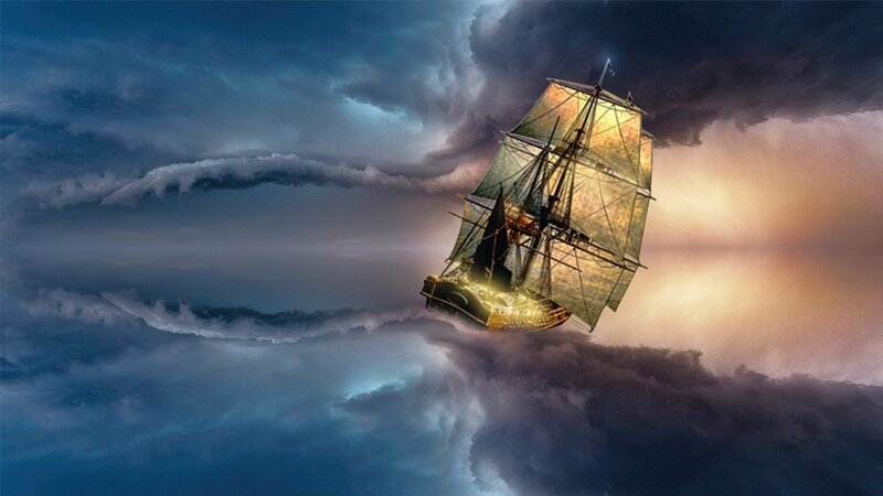 Sailing Ship in Clouds — Blue, Dramatic, Night, Digital Art