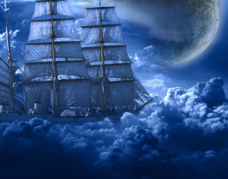 Sailing Ship in Clouds — Blue, Dramatic, Night