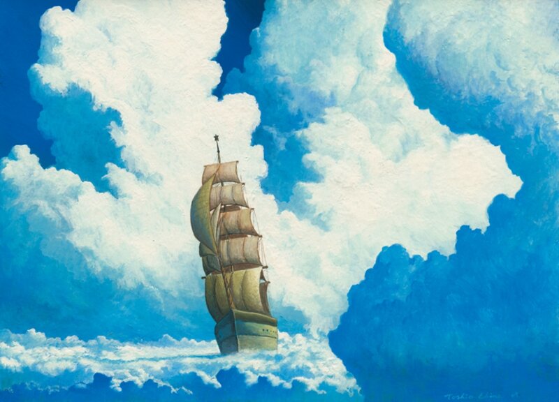 Sailing Ship in Clouds — Blue, Dramatic, Painting