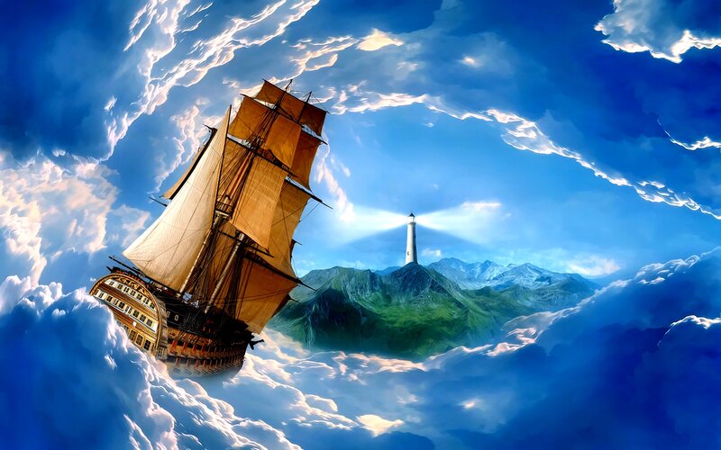 Sailing Ship in Clouds — Blue, Dramatic