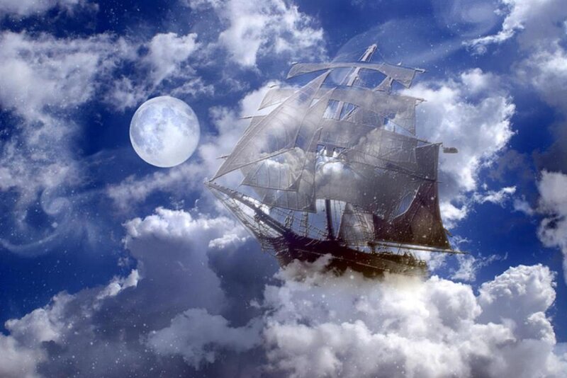 Sailing Ship in Clouds — Blue, Dreamy