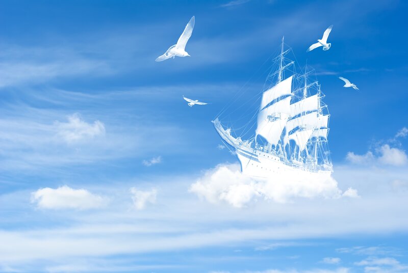 Sailing Ship in Clouds — Blue, Serene