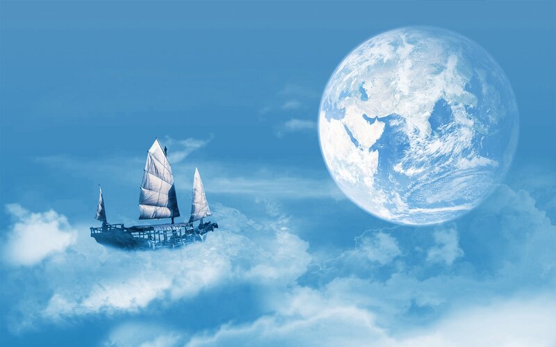 Sailing Ship in Clouds — Blue