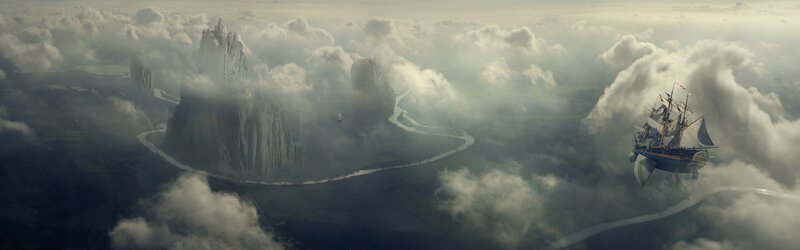 Sailing Ship in Clouds — Gray, Dramatic, Digital Art