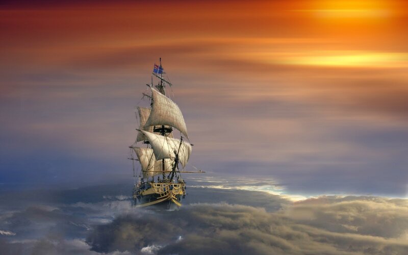 Sailing Ship in Clouds — Orange, Dramatic