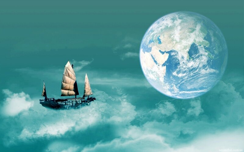 Sailing Ship in Clouds — Teal, Dreamy