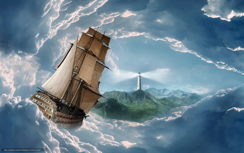 Sailing ship in clouds