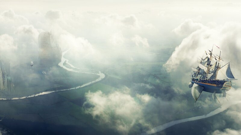 Sailing Ship in Clouds — White, Serene