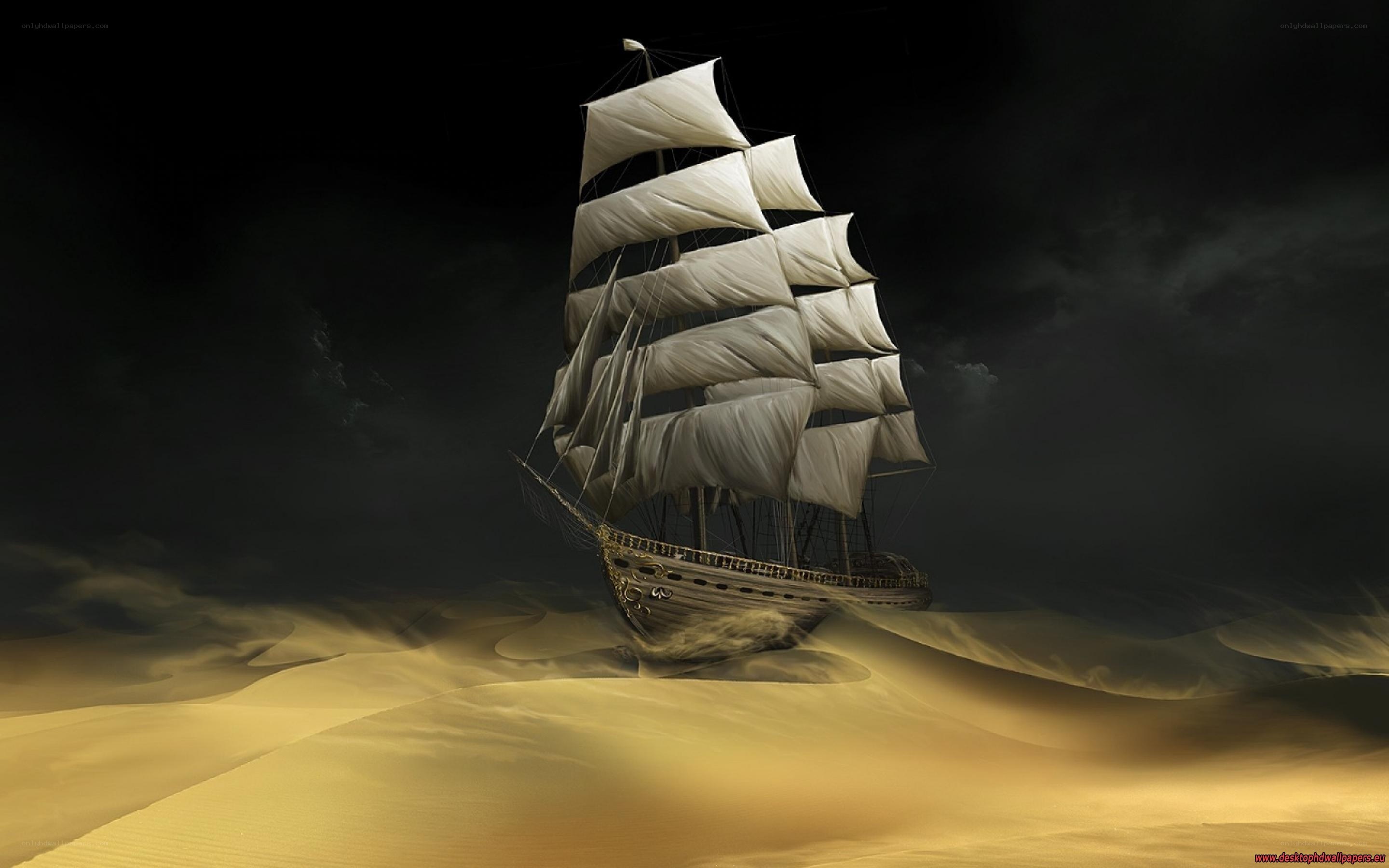 sailing ship in desert