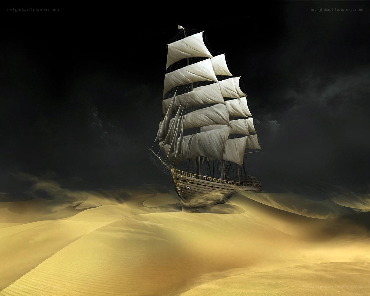sailing ship in desert