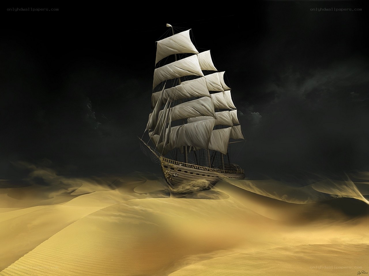 sailing ship in desert