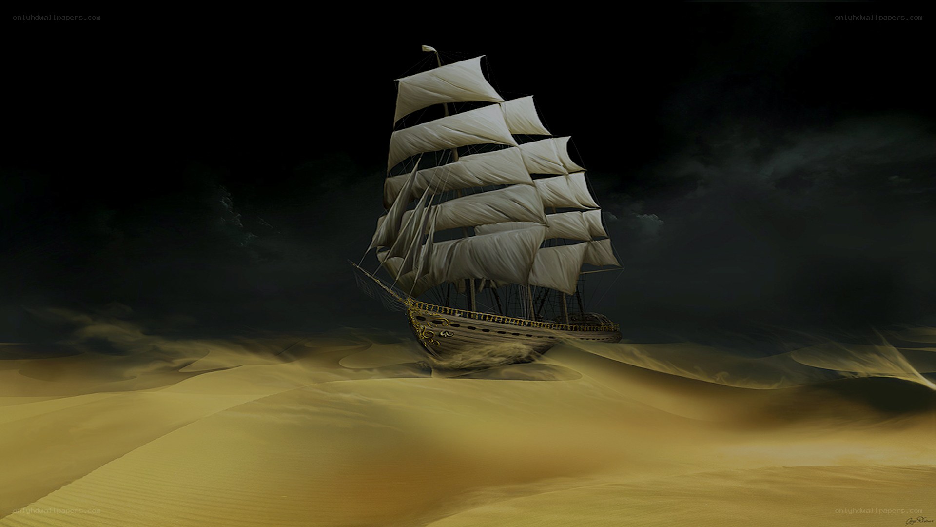 sailing ship in desert