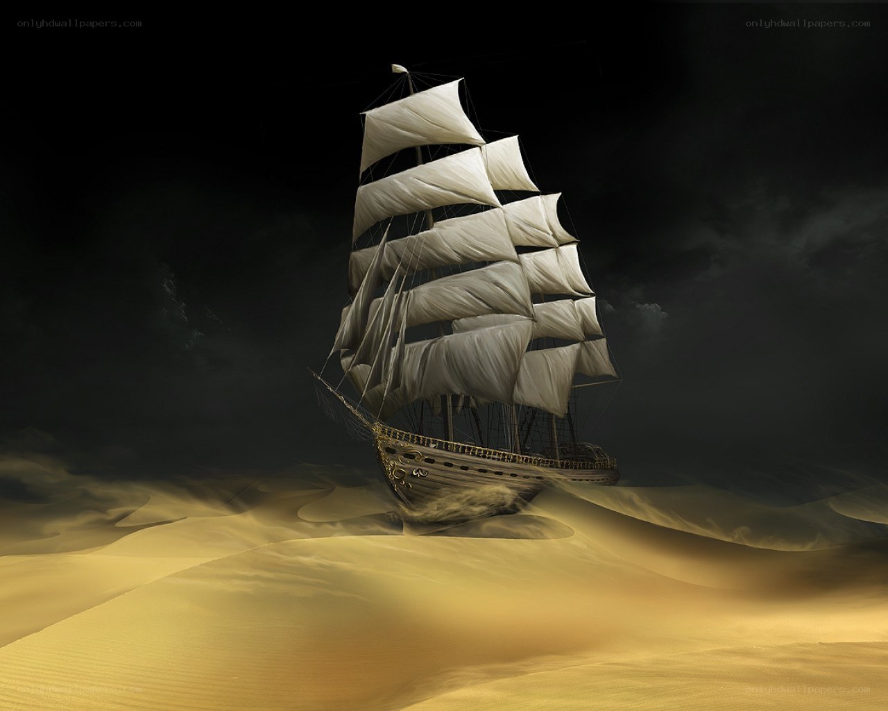 Sailing ship in desert