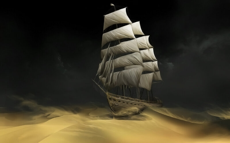Sailing Ship in Desert — Black, Dramatic