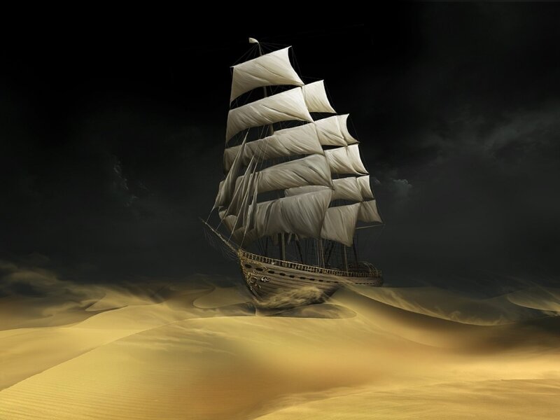 Sailing Ship in Desert — Black