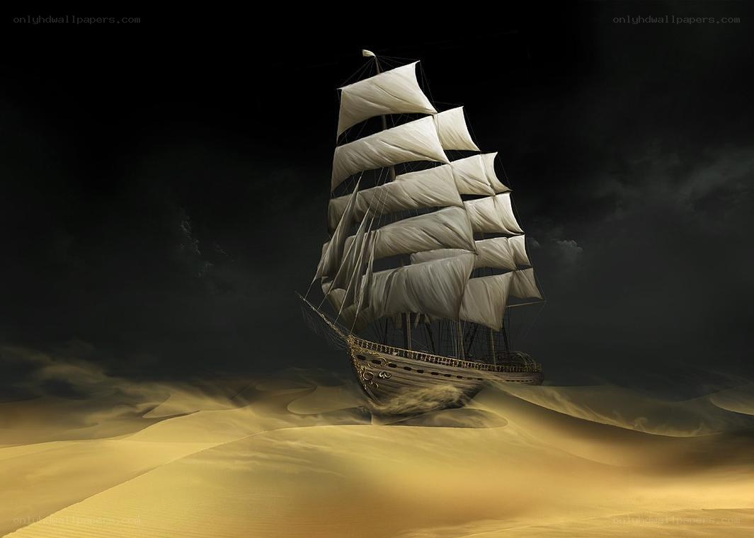Sailing ship in desert sands