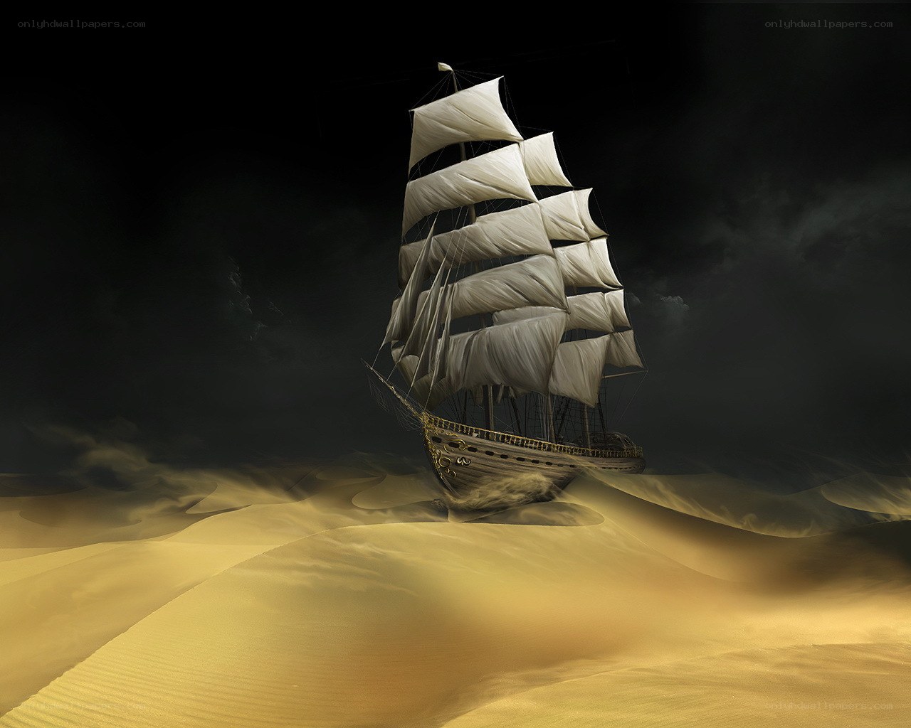 Sailing ship in desert sands
