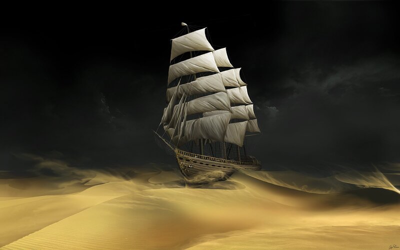 Sailing Ship in Desert — Yellow, Dramatic