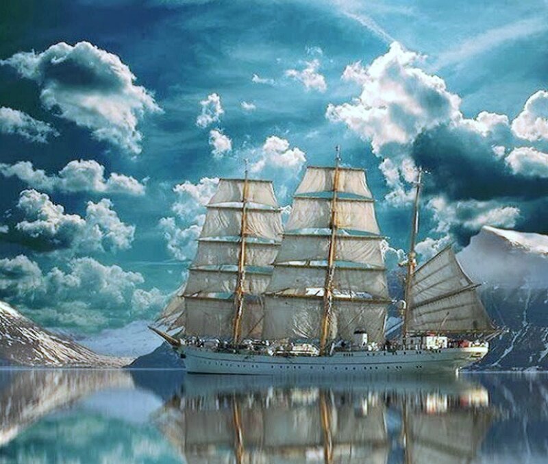 Sailing Ship in Fjord — Blue