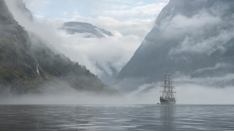 Sailing Ship in Fjord — Gray