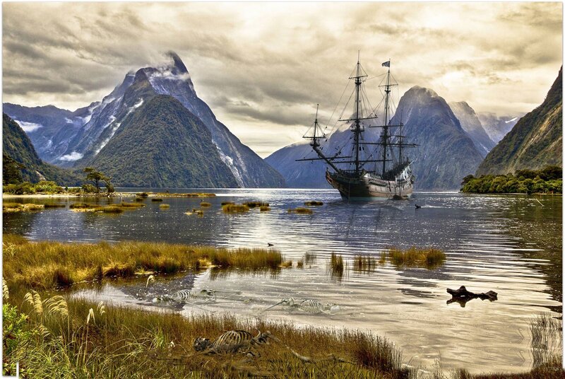Sailing Ship in Fjord — Green