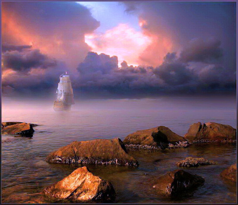 Sailing Ship in Fog — Purple