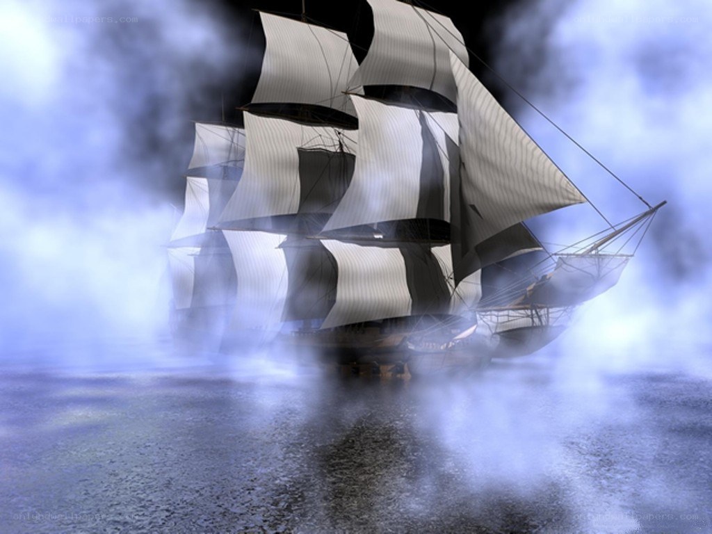 sailing ship in fog