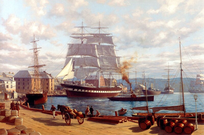 Sailing Ship in Harbor — Blue, Busy, Afternoon