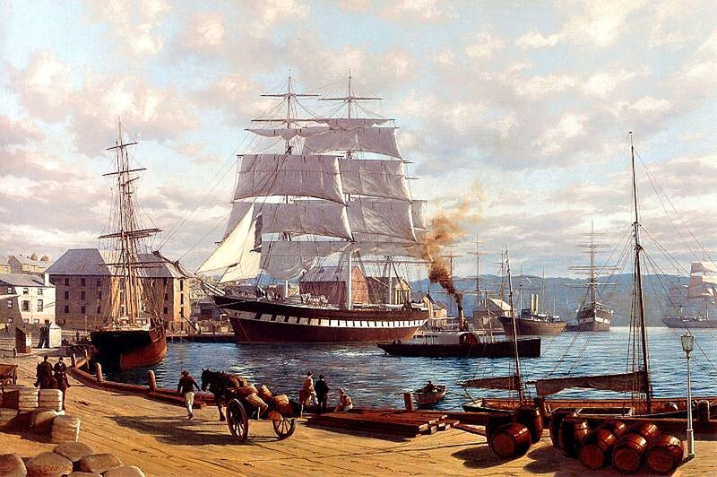 Sailing Ship in Harbor — Blue, Busy