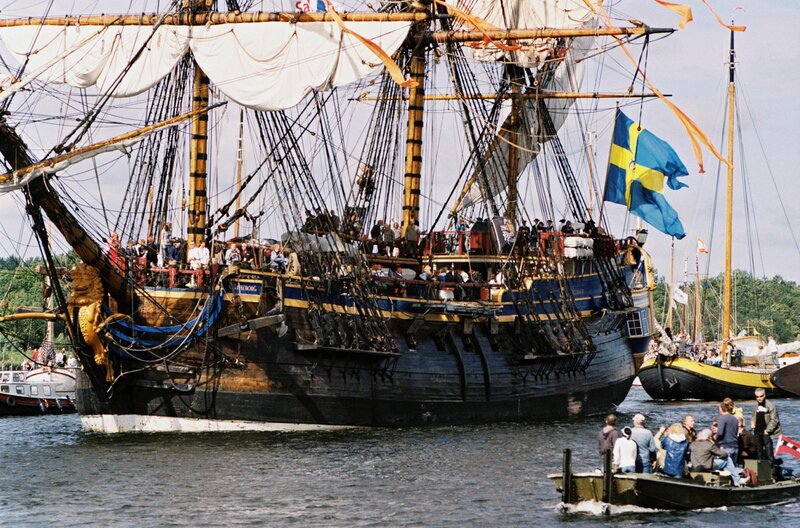 Sailing Ship in Harbor — Blue, Calm, Afternoon, Photograph