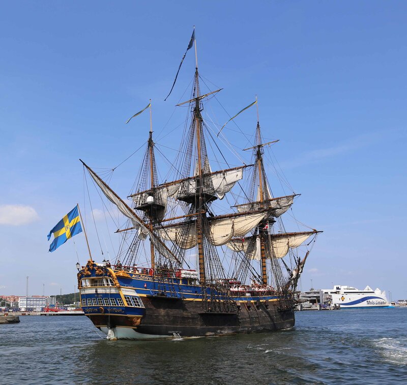 Sailing Ship in Harbor — Blue, Calm, Afternoon