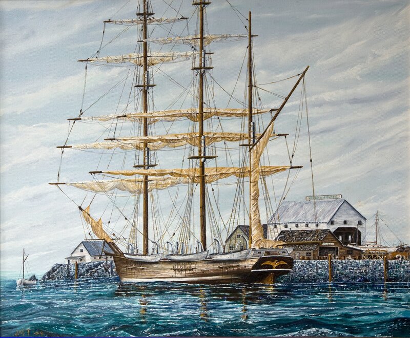 Sailing Ship in Harbor — Blue, Calm