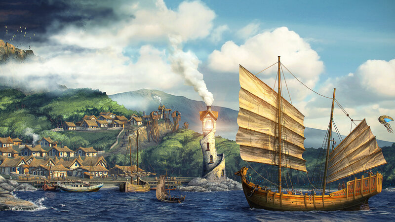 Sailing Ship in Harbor — Blue, Dramatic, Afternoon, Digital Art, Village