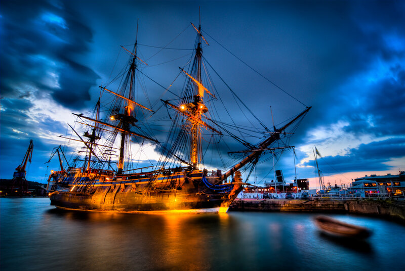 Sailing Ship in Harbor — Blue, Dramatic, Night
