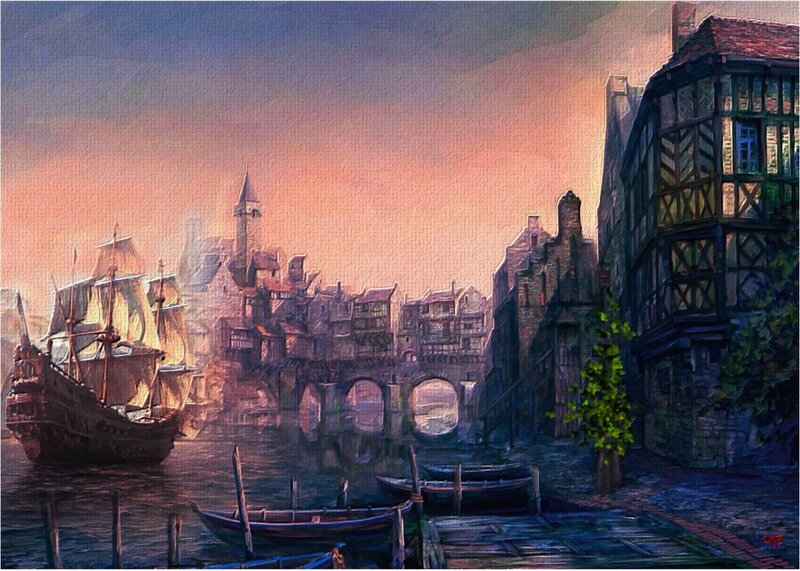 Sailing Ship in Harbor — Blue, Dramatic, Sunset, Painting, Bridge