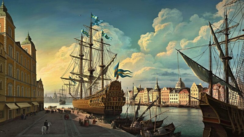 Sailing Ship in Harbor — Blue, Dramatic, Sunset, Painting, Buildings