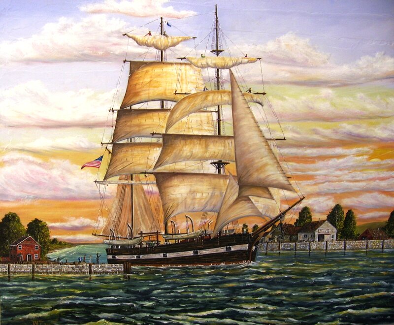 Sailing Ship in Harbor — Blue, Dramatic, Sunset, Painting