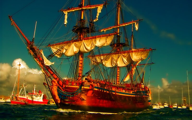 Sailing Ship in Harbor — Blue, Dramatic, Sunset, Photograph, Boats, Sky