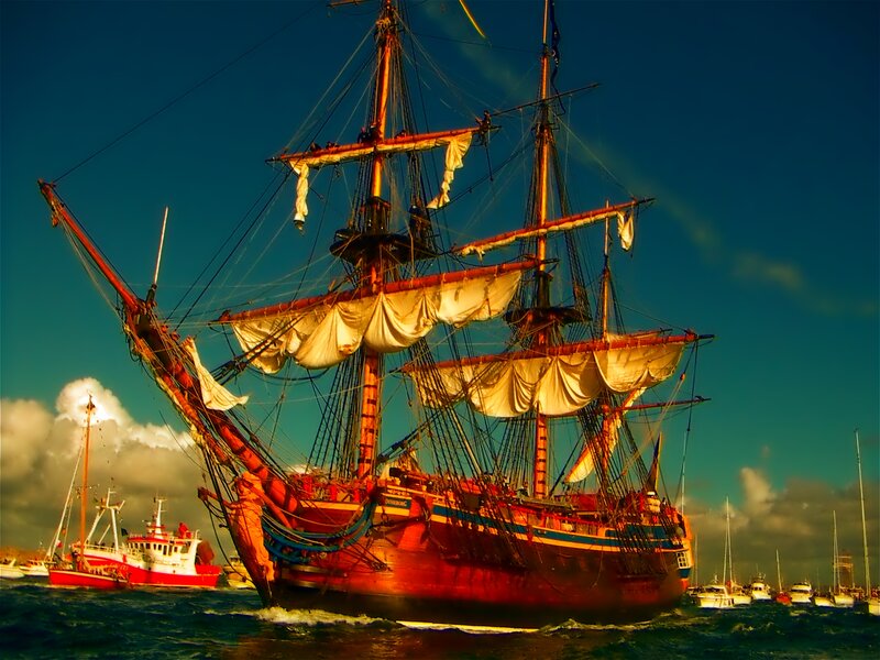 Sailing Ship in Harbor — Blue, Dramatic, Sunset, Photograph, Boats